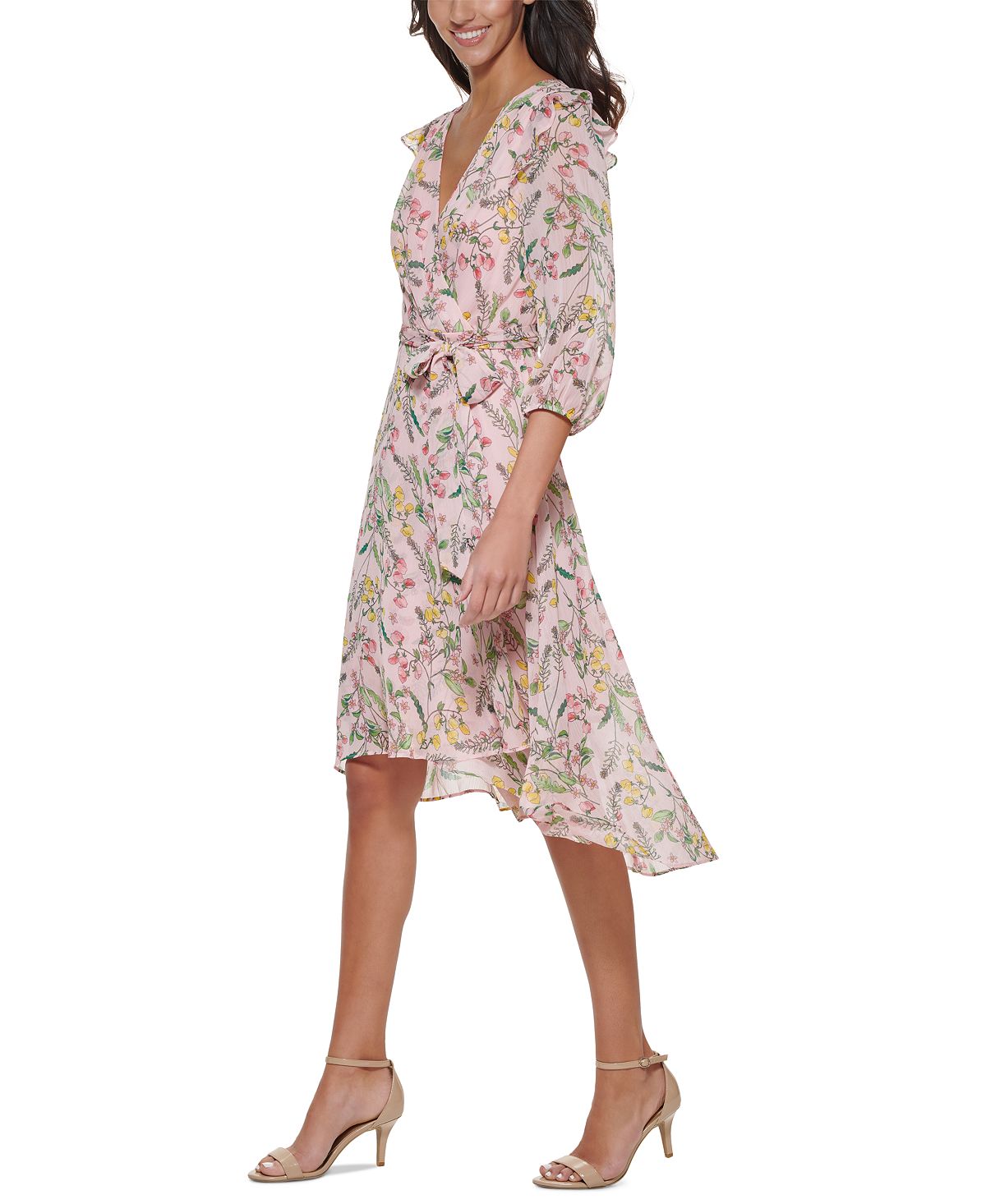 Tommy Hilfiger Women's Printed Balloon Sleeve Faux Wrap Dress Pink Size 10