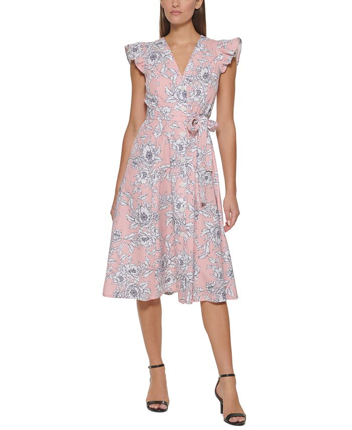 Tommy Hilfiger Women's Flutter Sleeve Midi Dress Pink Size 12