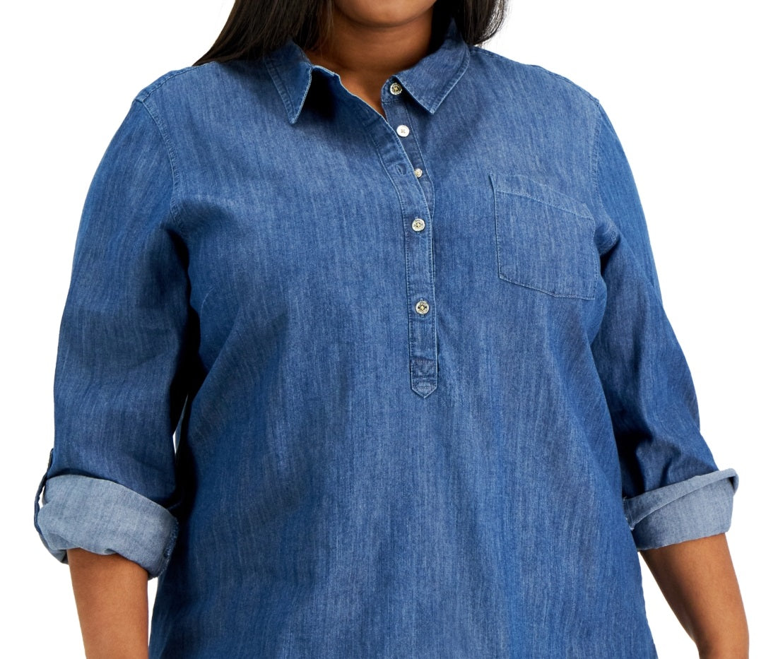 Tommy Hilfiger Women's Chambray Popover Top Blue Size 2X