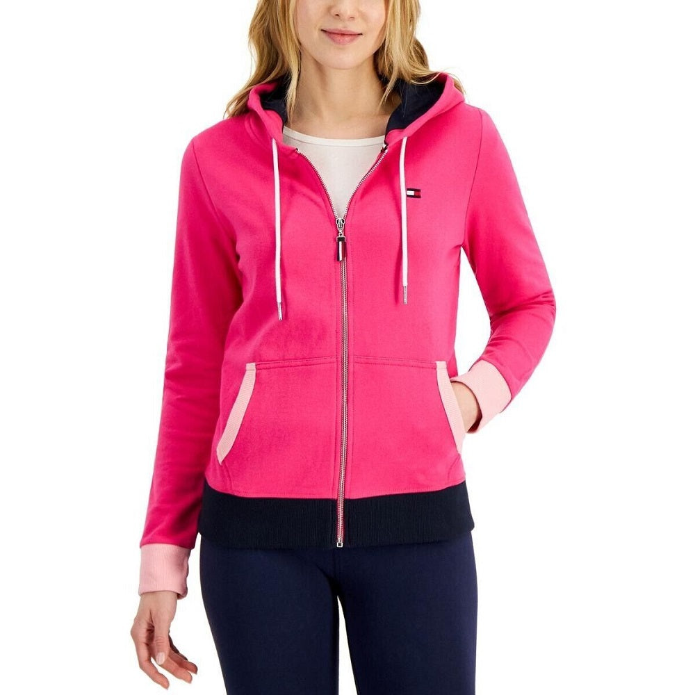 Tommy Hilfiger Women's Zip Front Colorblocked Hoodie Pink Size Large