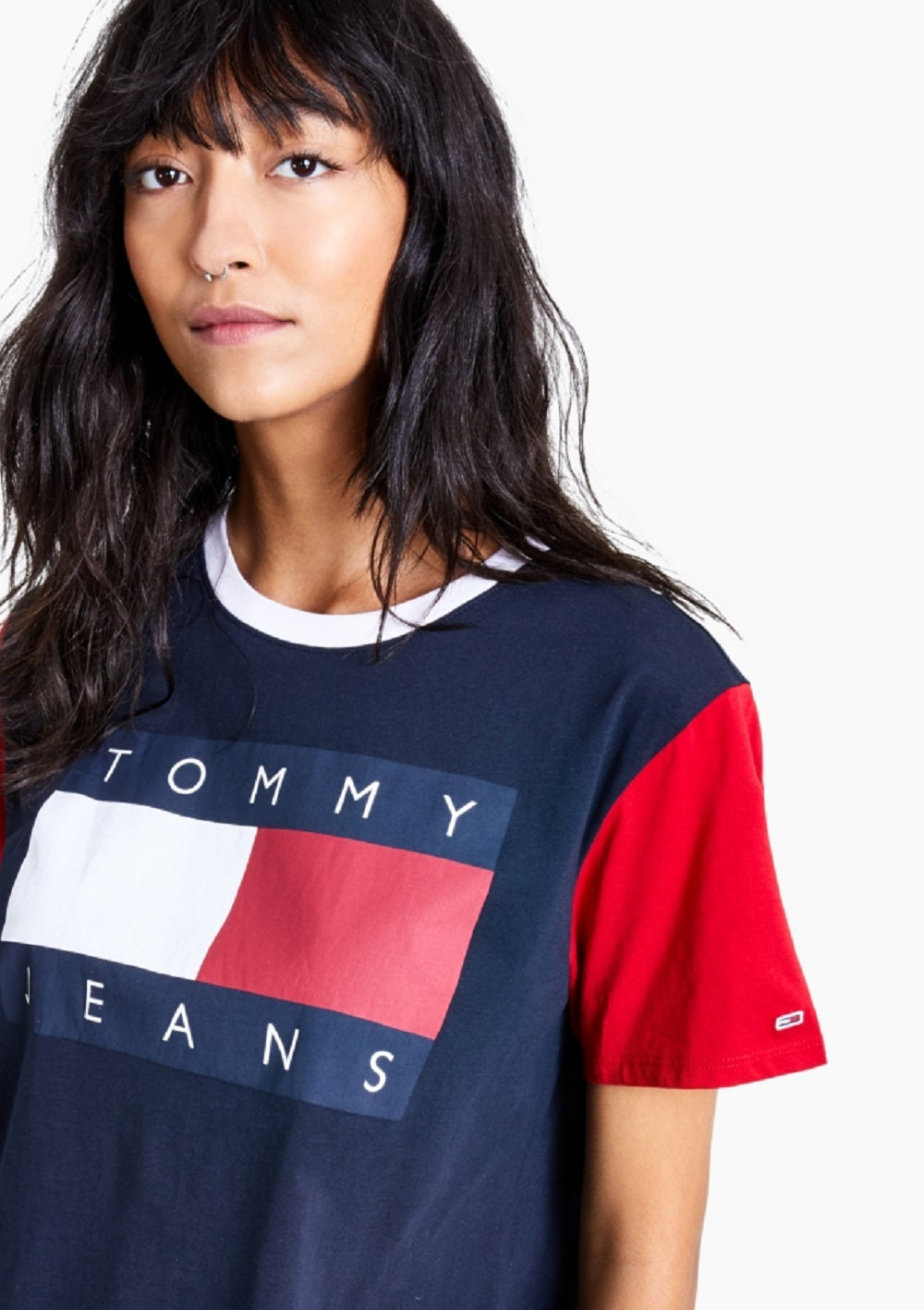 Tommy Jeans Women's Cotton Cropped Colorblocked Flag T-Shirt Blue Size X-Large