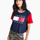 Tommy Jeans Women's Cotton Cropped Colorblocked Flag T-Shirt Blue Size X-Large