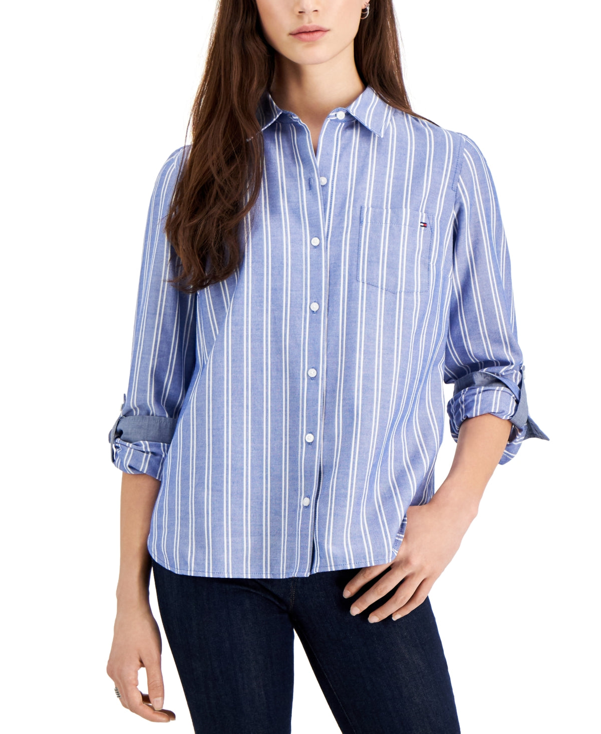 Tommy Hilfiger Women's Striped Roll Tab Shirt Blue Size XX Large