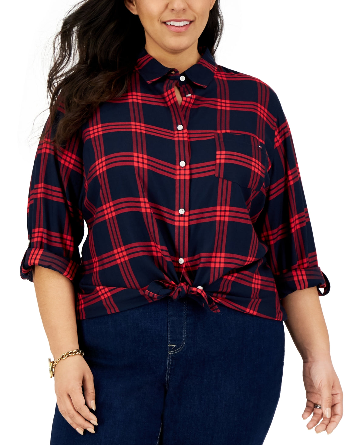 Tommy Hilfiger Women's Cotton Plaid Utility Shirt Blue Size 2X