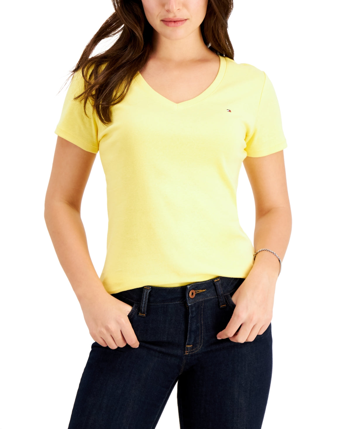 Tommy Hilfiger Women's V Neck T Shirt  Yellow Size X Large