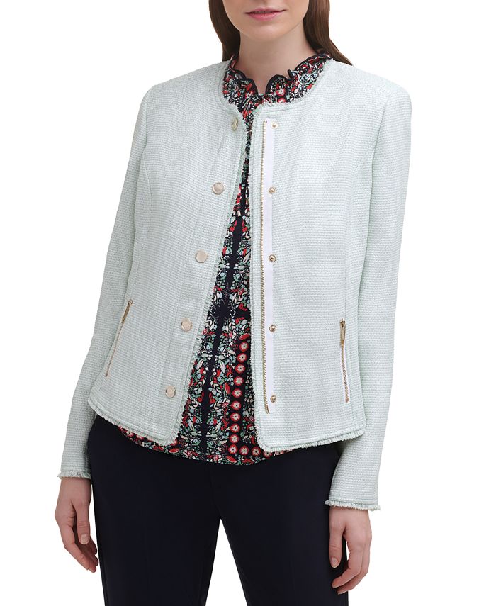 tommy-hilfiger-womens-zippered-textured-snap-front-frayed-wear-to-work-jacket-green-size-16