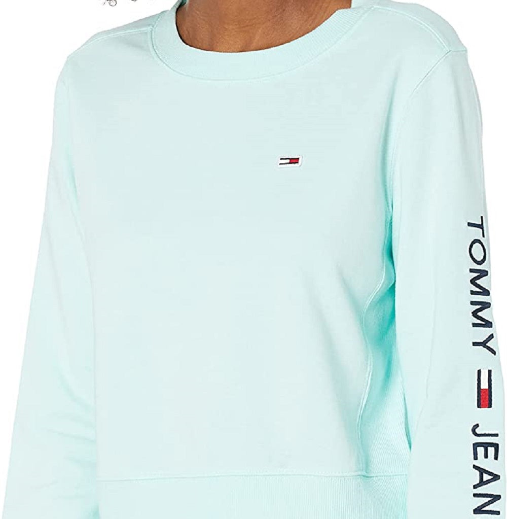 टॉमी जीन्स महिला लोगो स्लीव स्वेटशर्ट नीला, साइज़ मीडियम