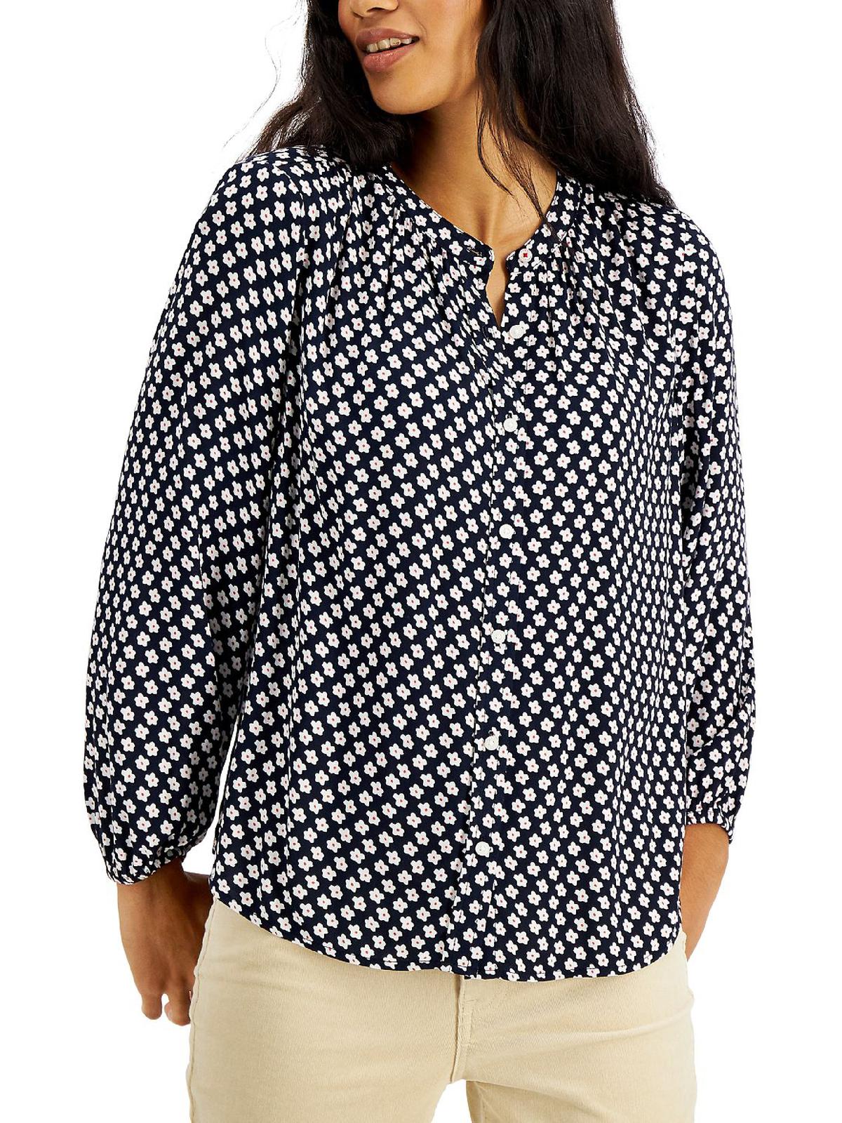 Tommy Hilfiger Women's Floral Bishop Sleeve Button Down Top Blue Size Small