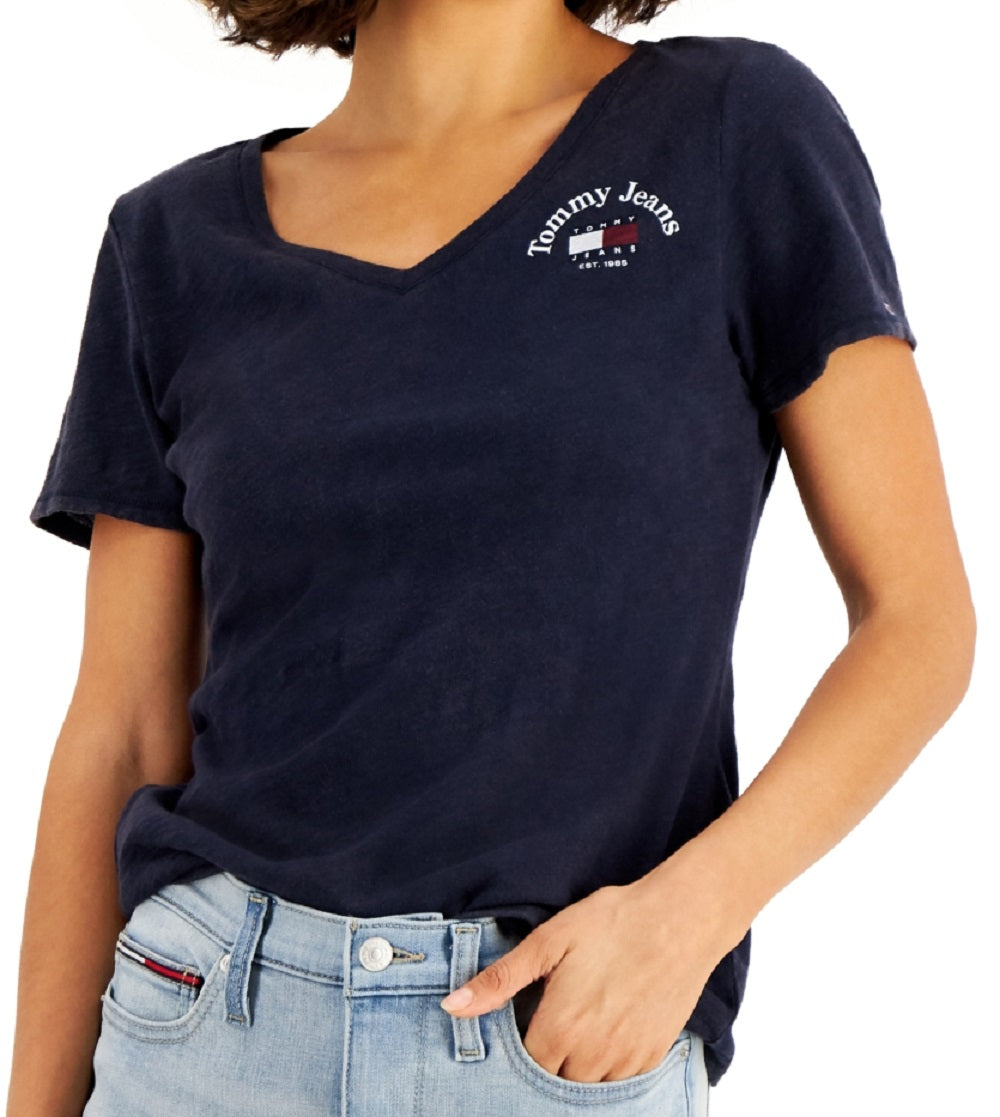 Tommy Jeans Women's Cotton V Neck Logo T-Shirt Blue Size X-Large
