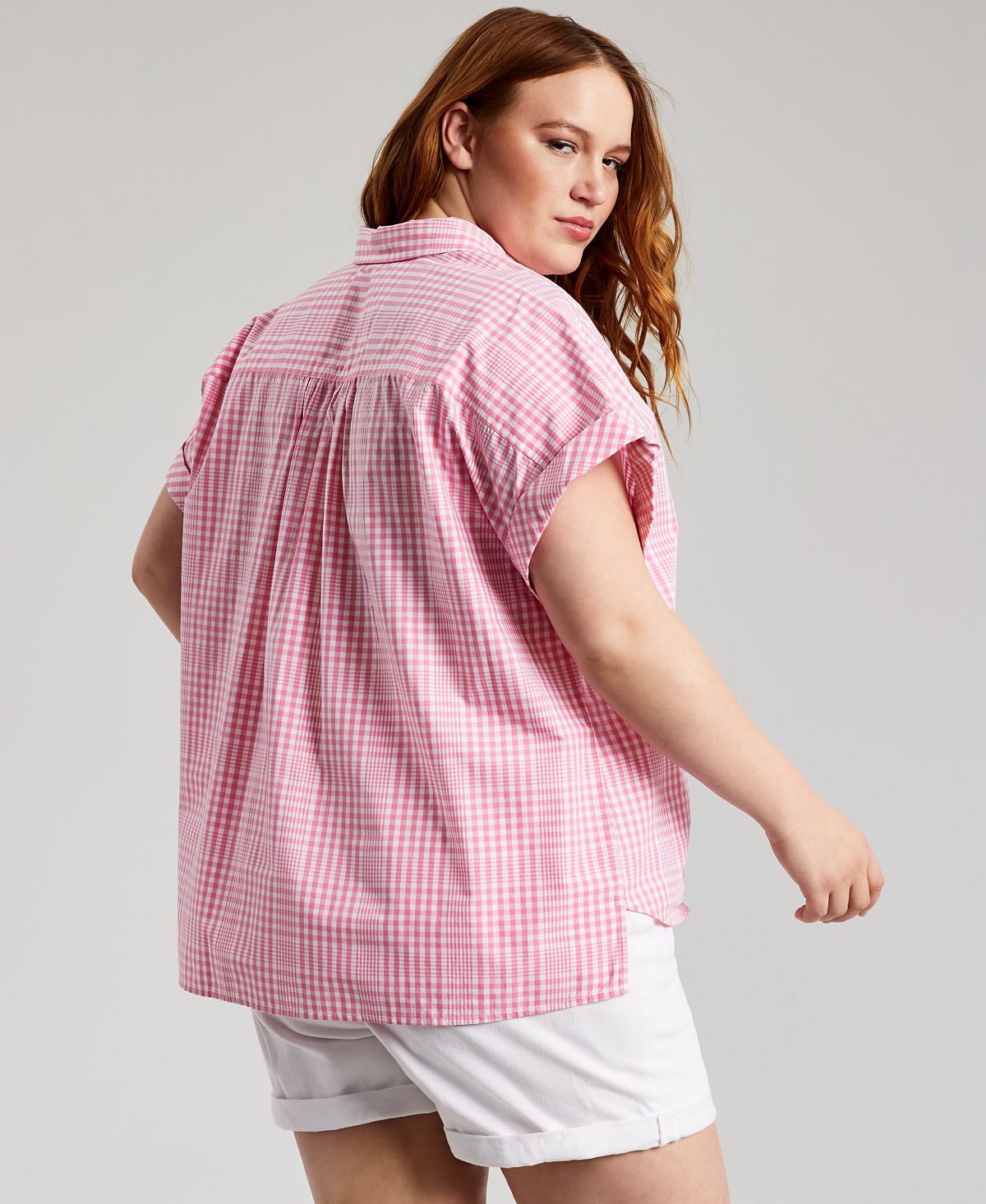 Tommy Hilfiger Women's Stretch Pocketed Cuffed Gingham Short Sleeve Point Collar Button Up Top Pink Size 2X