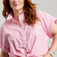 Tommy Hilfiger Women's Stretch Pocketed Cuffed Gingham Short Sleeve Point Collar Button Up Top Pink Size 2X