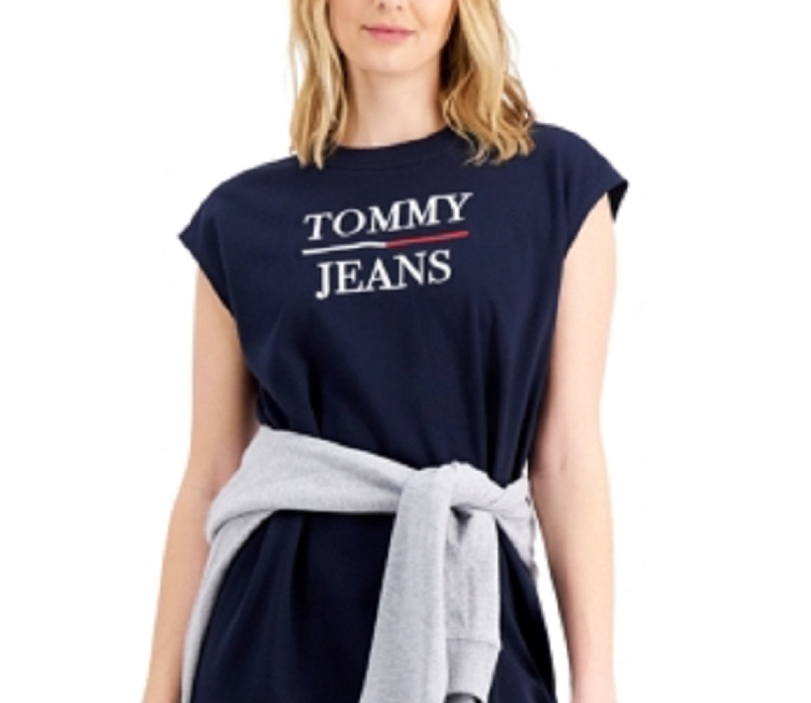 Tommy Jeans Women's Logo Cap Sleeve Sweatshirt Dress Blue Size Large