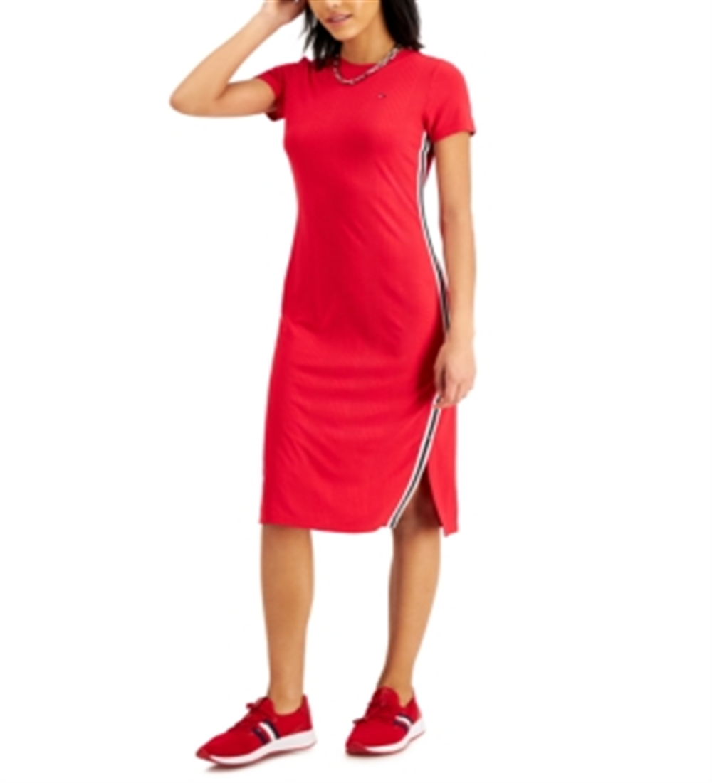 Tommy Jeans Women's Striped Long T-Shirt Dress Red Size X-Small