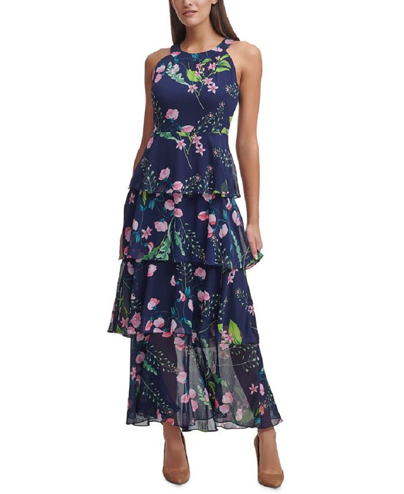 Tommy Hilfiger Women's Chiffon Tiered Halter Maxi Dress Blue Size 6