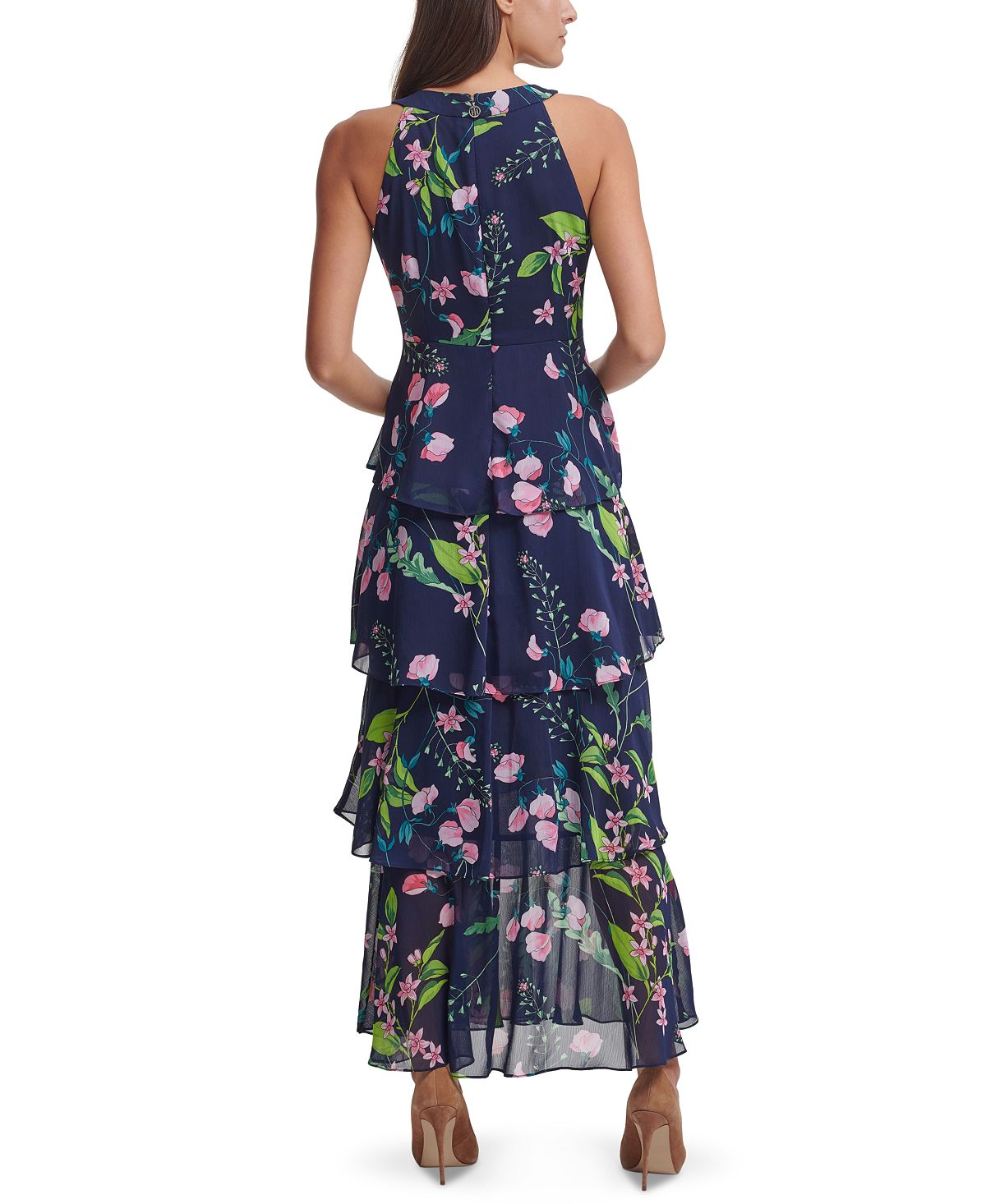 Tommy Hilfiger Women's Chiffon Tiered Halter Maxi Dress Blue Size 6