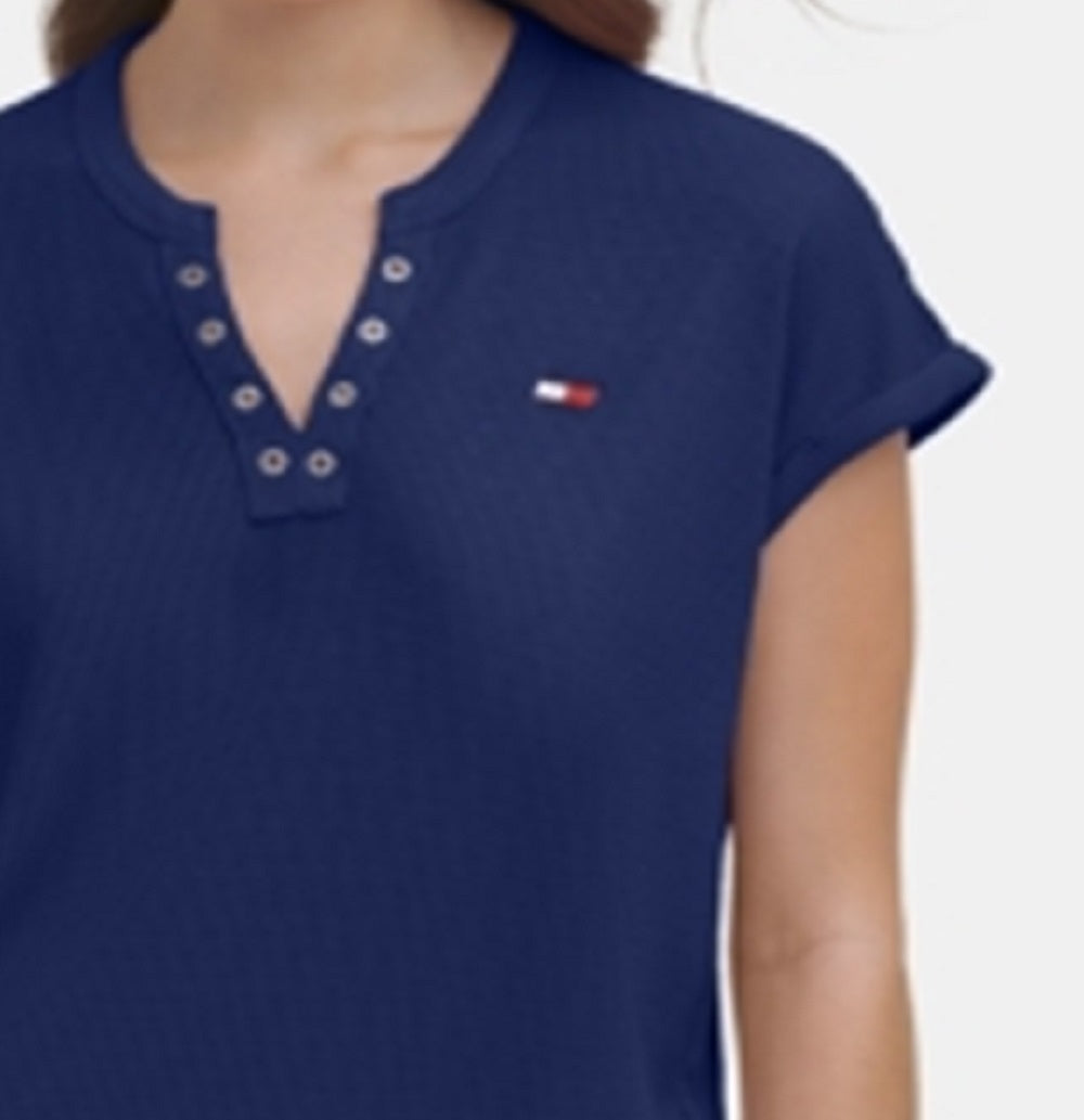 Tommy Hilfiger Women's Cap Sleeve Split T-Shirt Blue Size Small