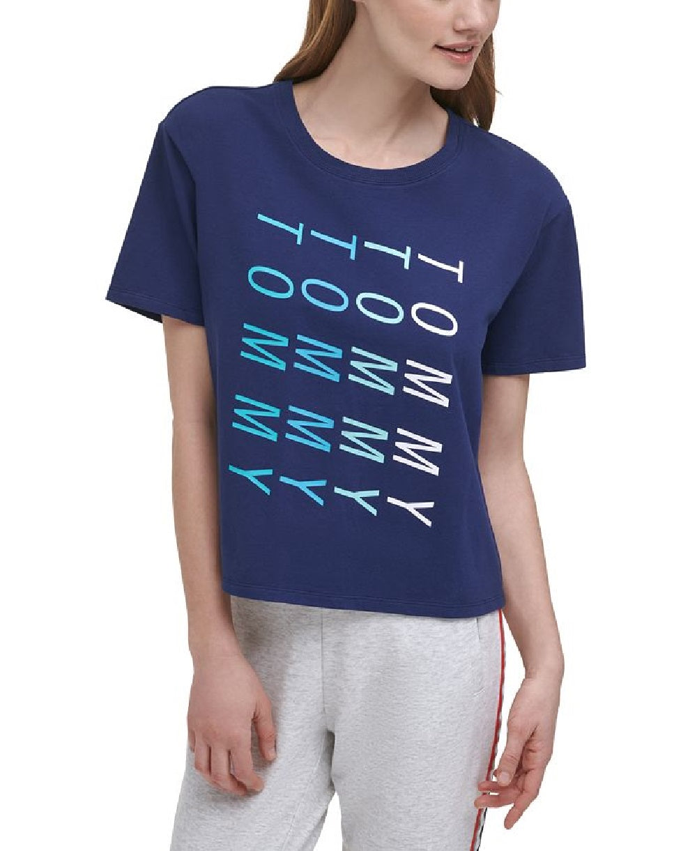 Tommy Hilfiger Women's Logo Graphic Short Sleeve Crew Neck Crop Top Blue Size XX-Large