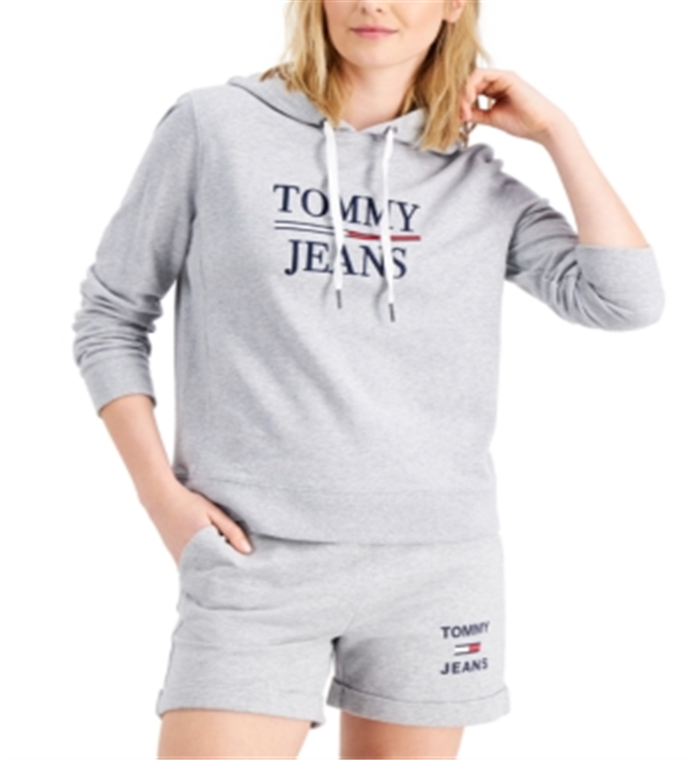 Tommy Jeans Women's Tie Ribbed Hem Cuffs And Side Seams Long Sleeve Hoodie Top Gray Size Medium