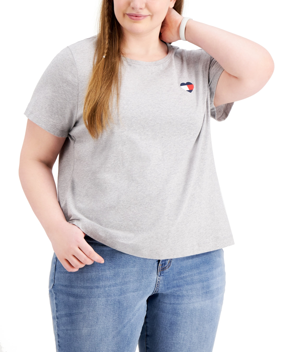 Tommy Hilfiger Women's Heart Flag Patchwork Heathered T-Shirt Gray Size 3X