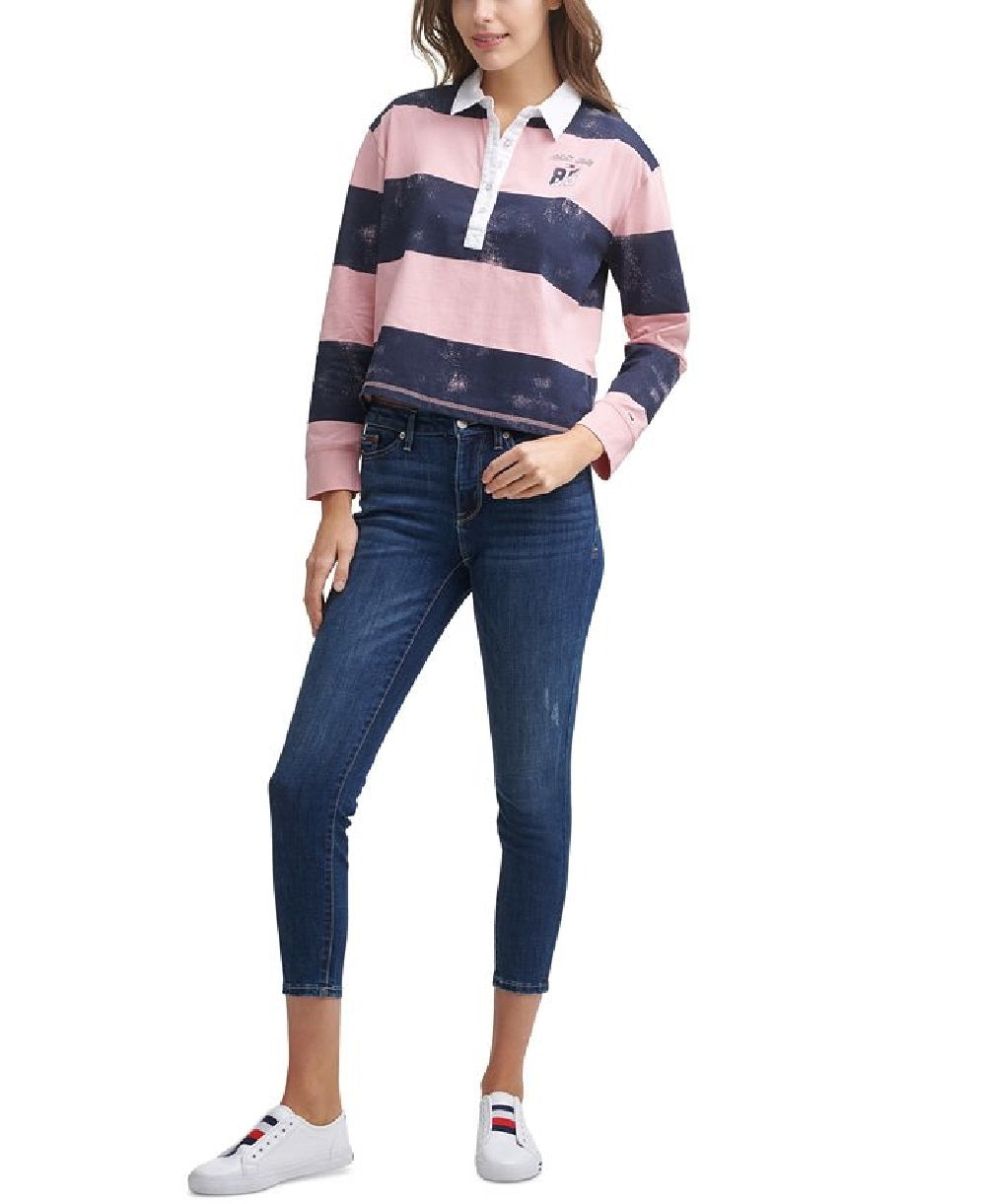 Tommy Jeans Women's Distressed Long Sleeve Cotton Polo Shirt Pink Size Large