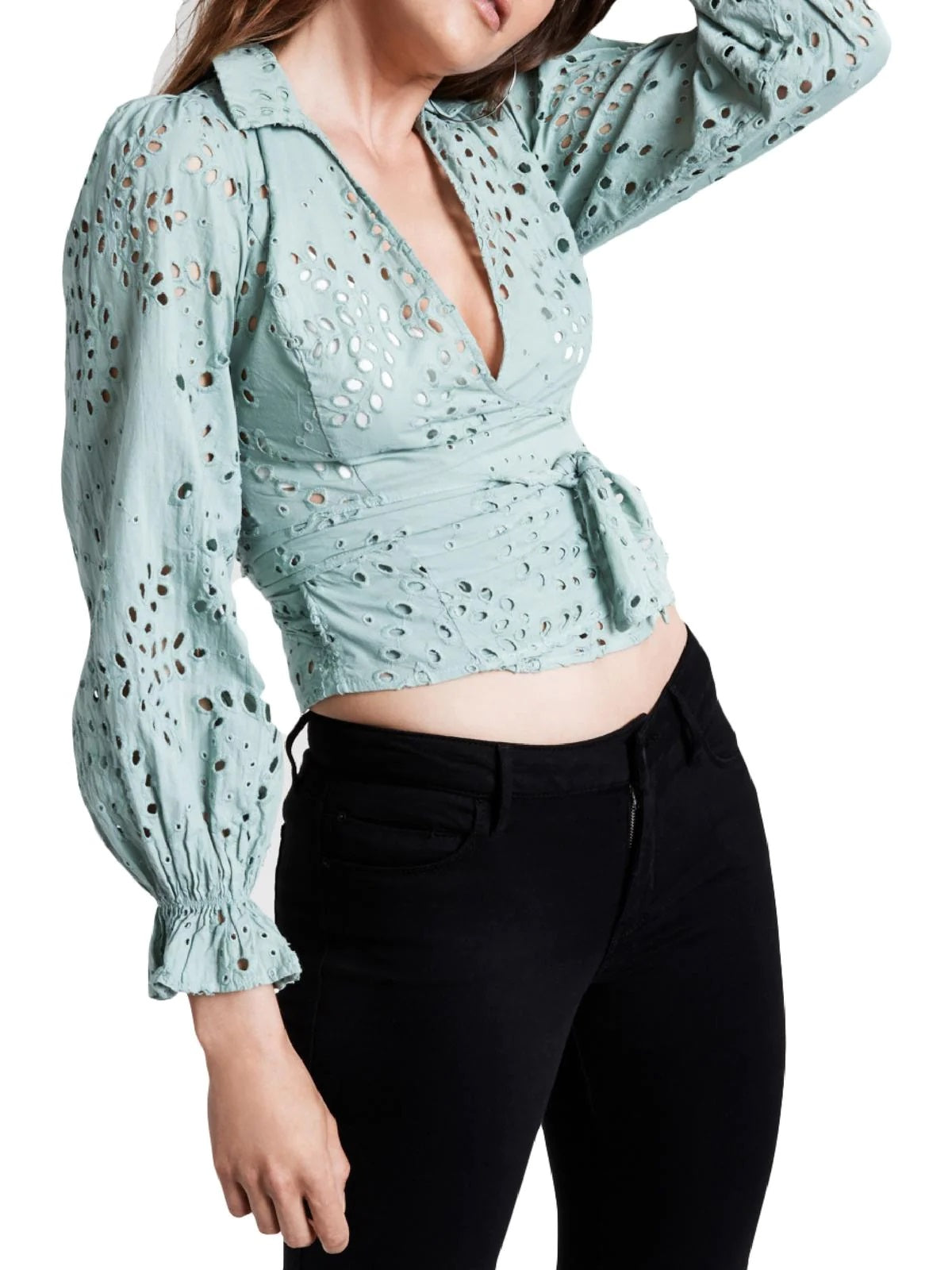 GUESS Women's Kamy Eyelet Wrap Blouse Green Size Large