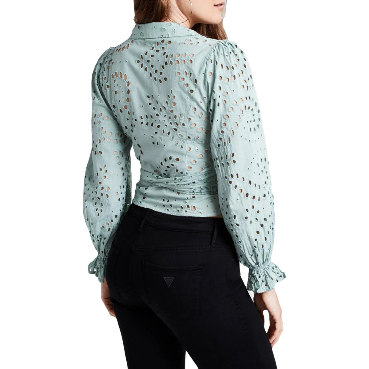 GUESS Women's Kamy Eyelet Wrap Blouse Green Size Large