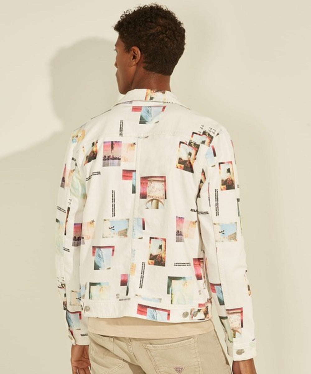 GUESS Men's Collage Print Denim Jacket White Size Large