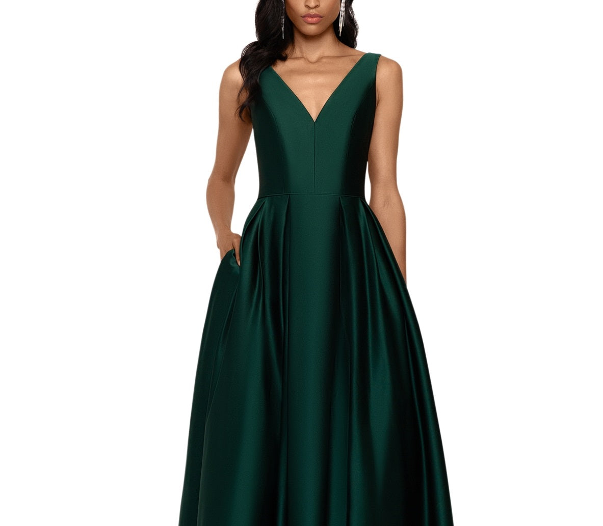 Betsy & Adam Women's Satin High Low Ball Gown Green Size 14