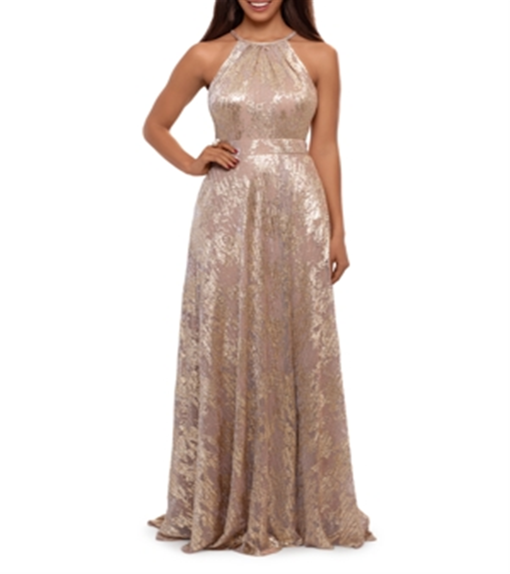 Aqua Women's Foil Knit Halter Gown Gold Size 0