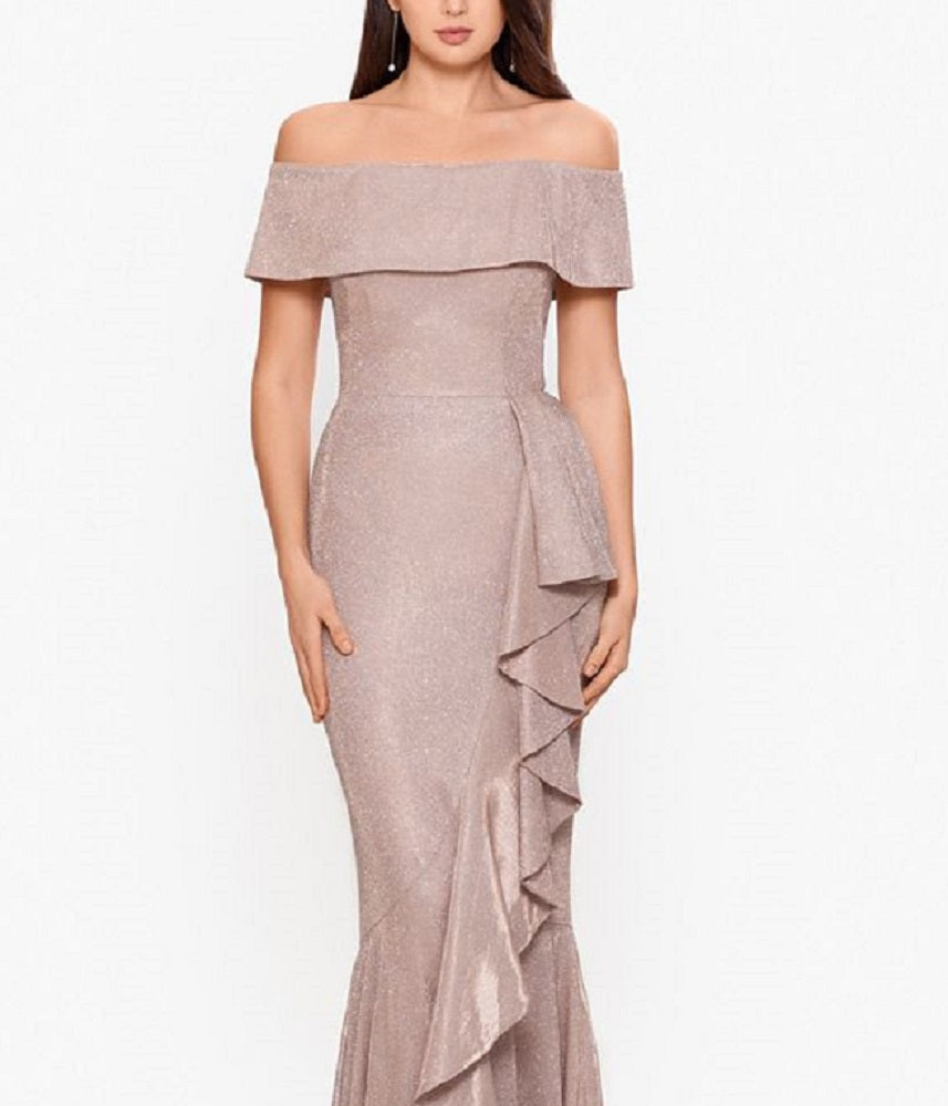 Betsy & Adam Women's Off The Shoulder Shimmer Gown Pink Size 10