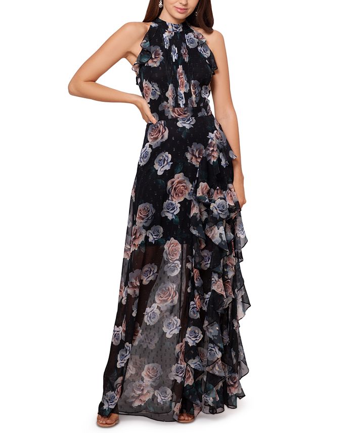 Betsy & Adam Women's Ruffled Halter Gown Black Size 4