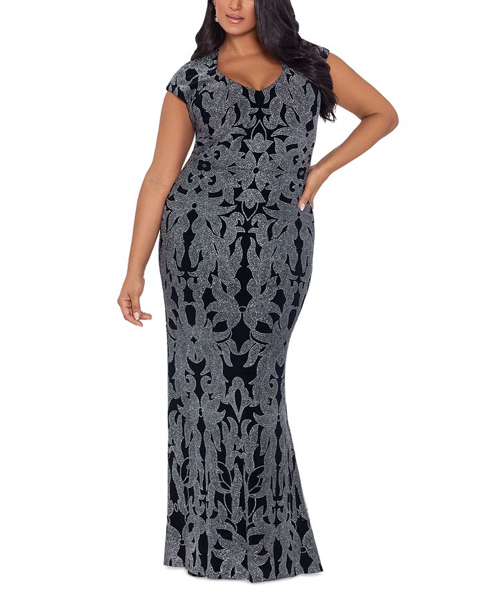 Betsy & Adam Women's Glitter Cap Sleeve Gown Black Size 18W