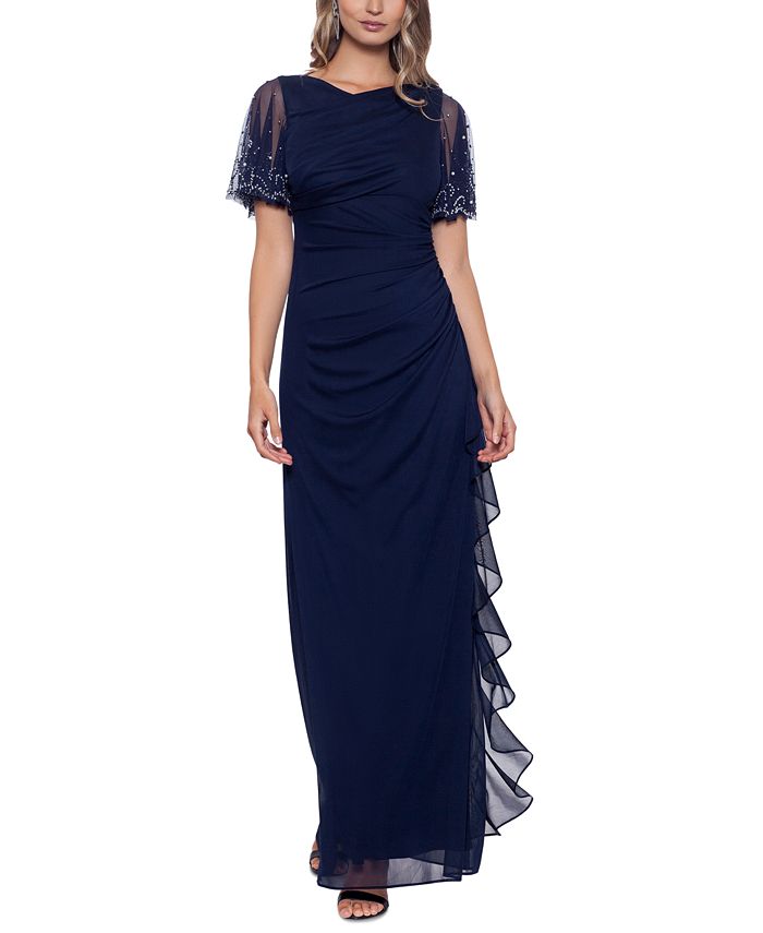 Betsy & Adam Women's Embellished Cascade Ruffle Gown Blue Size 6