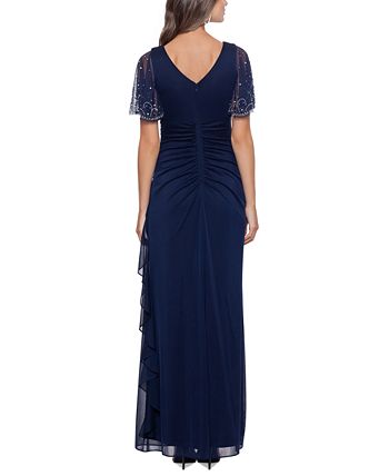 Betsy & Adam Women's Embellished Cascade Ruffle Gown Blue Size 6