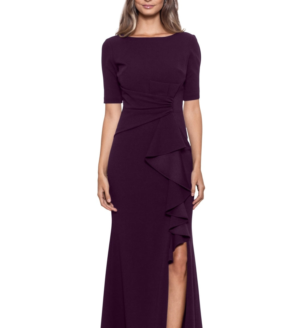 Betsy & Adam Women's Ruffled Ruched Gown Purple Size 4Petite