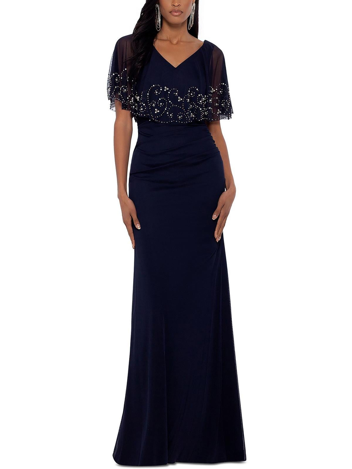 Betsy & Adam Women's Beaded Capelet Gown Blue Size 14 Petite