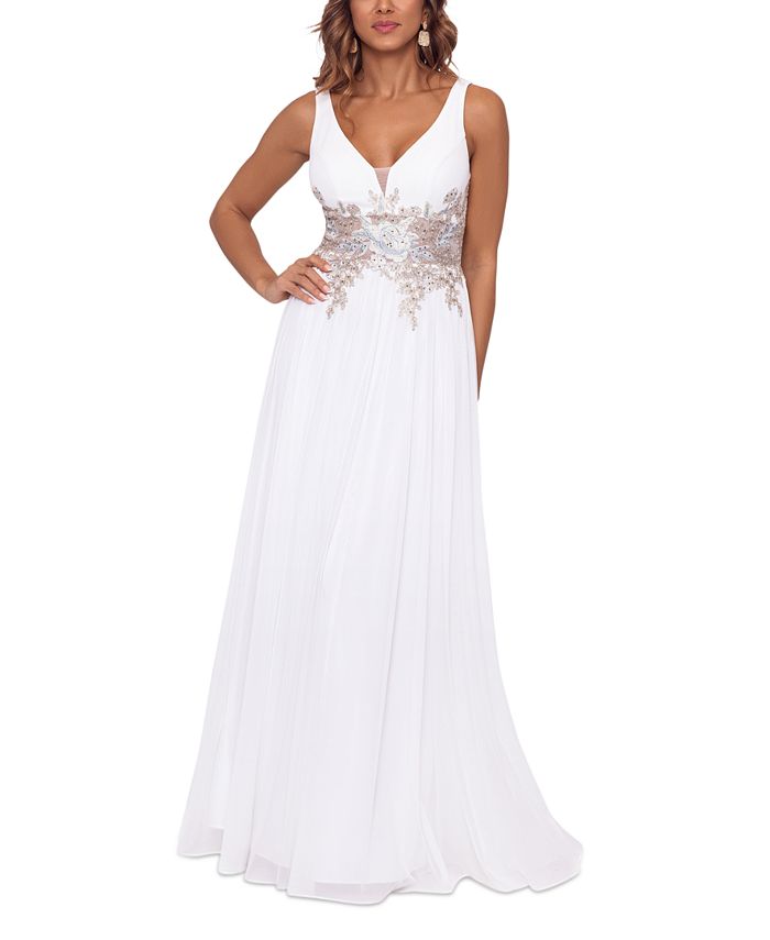 Betsy & Adam Women's V Neck Mesh Waist Embroidered Chiffon Gown White Size 6