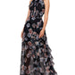 Betsy & Adam Women's Floral Print Chiffon Ruffle Gown Black Size 12Petite