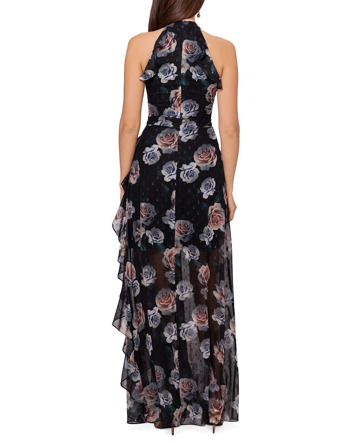 Betsy & Adam Women's Floral Print Chiffon Ruffle Gown Black Size 12Petite