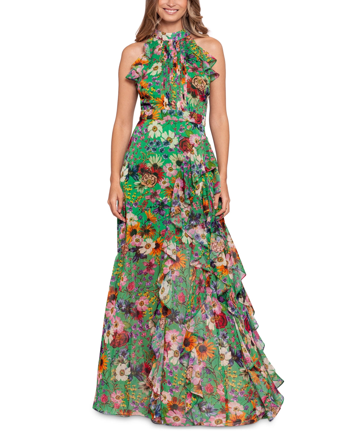 Betsy & Adam Women's Floral Print Ruffled Halter Gown Green Size 14