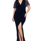 Betsy & Adam Women's Beaded Sleeve Ruffled Gown Blue Size 14W