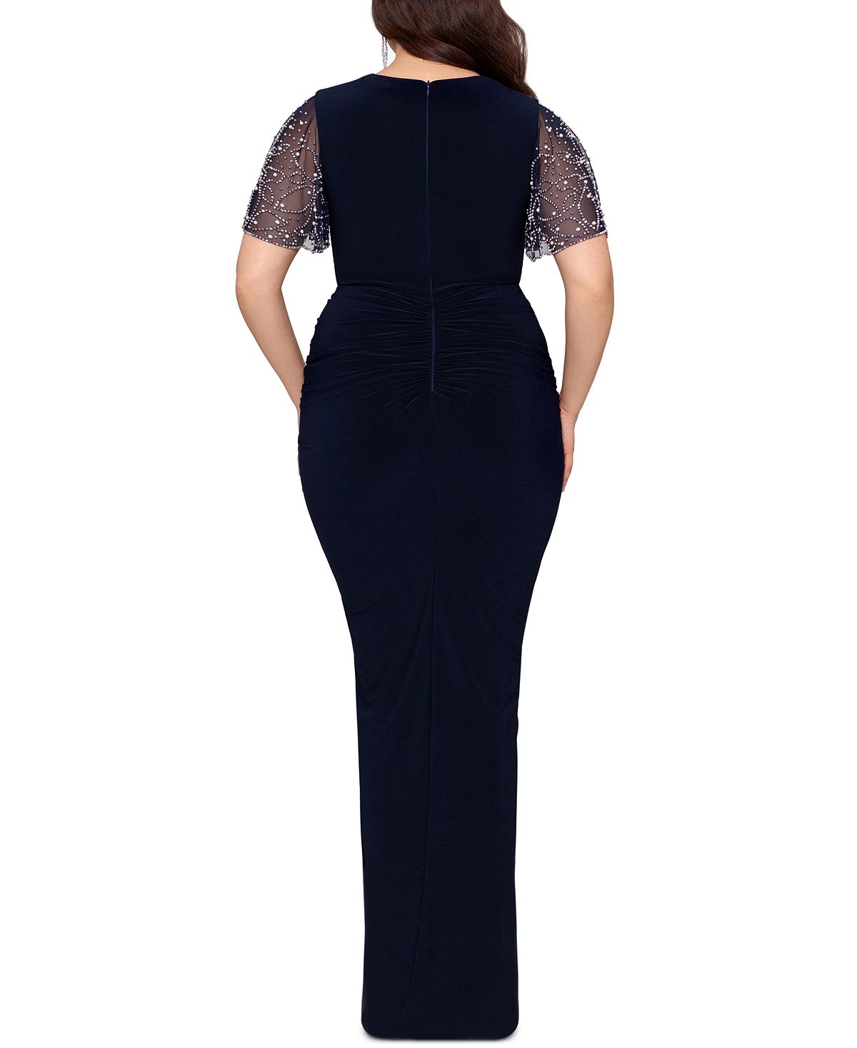 Betsy & Adam Women's Beaded Sleeve Ruffled Gown Blue Size 14W