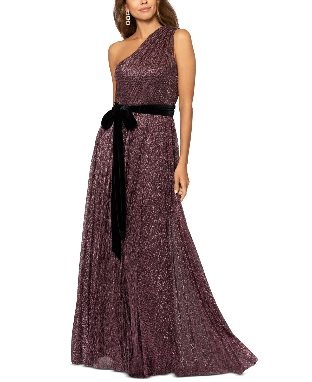 Betsy & Adam Women's One-Shoulder Tie Waist Metallic Gown Pink Size 8