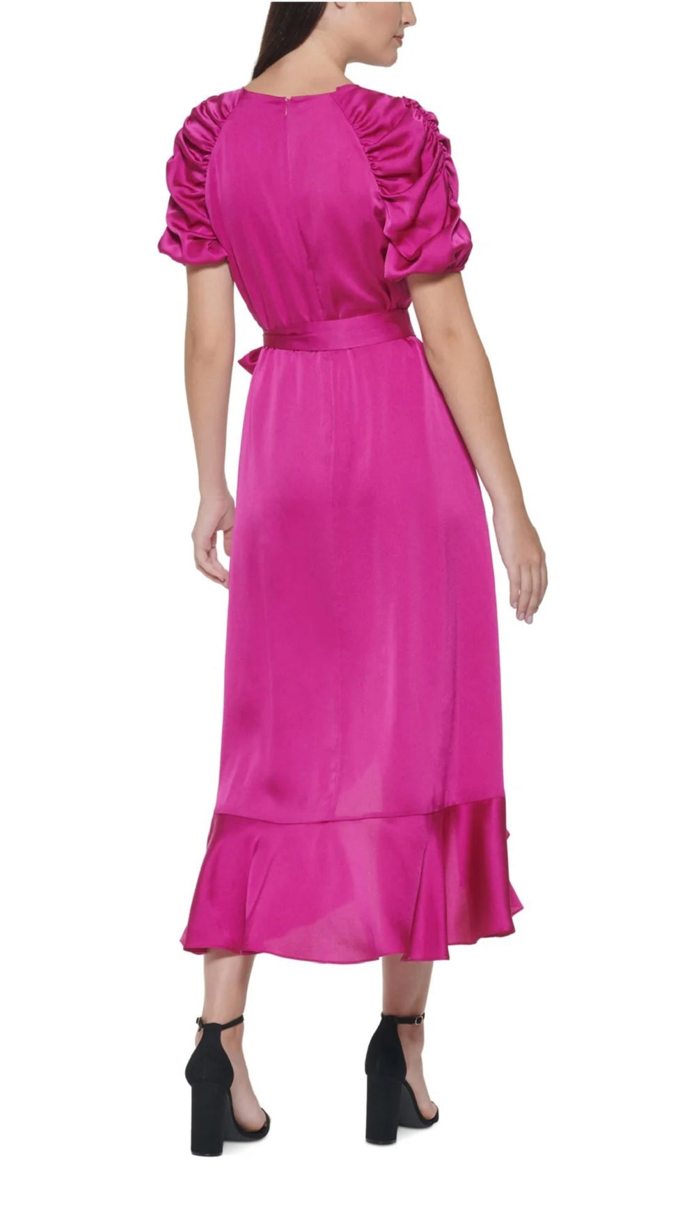 Kensie Women's Zippered Ruffled Ruched Sleeves Short Sleeve Midi Party Faux Wrap Dress Pink Size 10