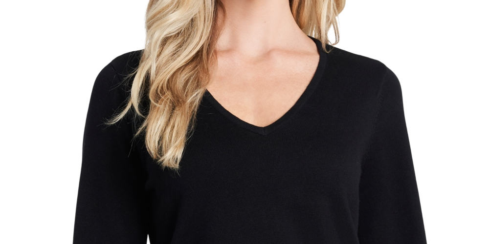 CeCe Women's Bow Tie Cuff Long Sleeve V Neck Sweater Black Size Small