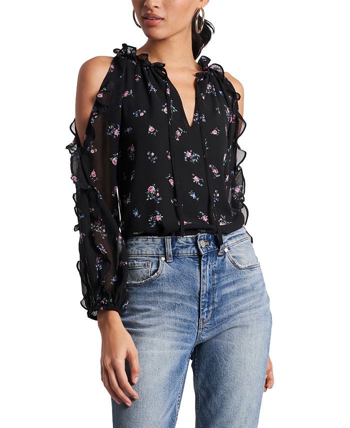 1.STATE Women's Ruffled Cold Shoulder Top Black Size X-Large