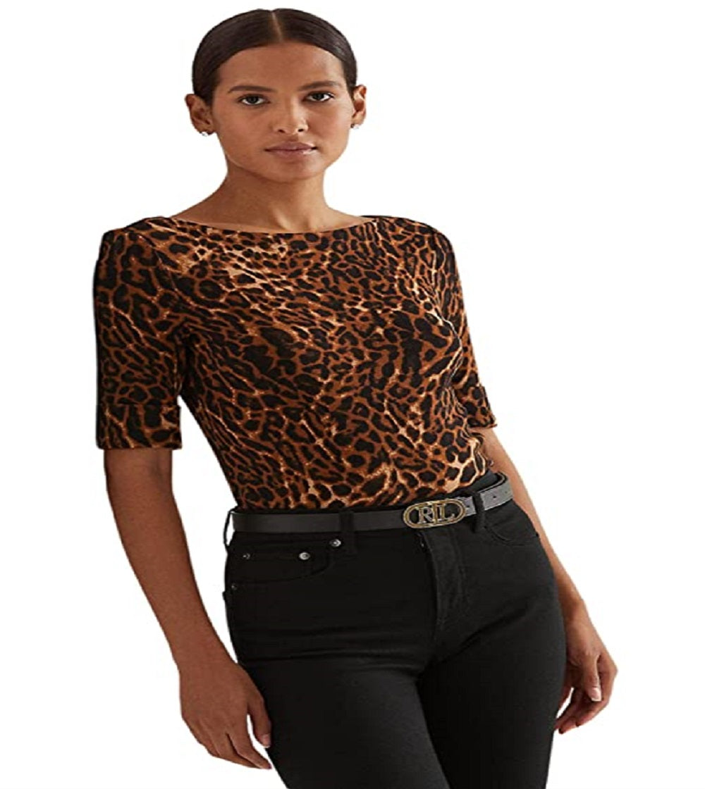 Ralph Lauren Women's Ocelot Print Boatneck Top Black Size Small