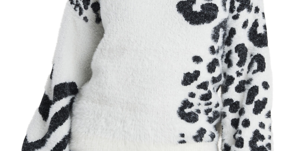 Vince Camuto Women's Animal Print Jacquard Fuzzy Sweater White Size X-Small