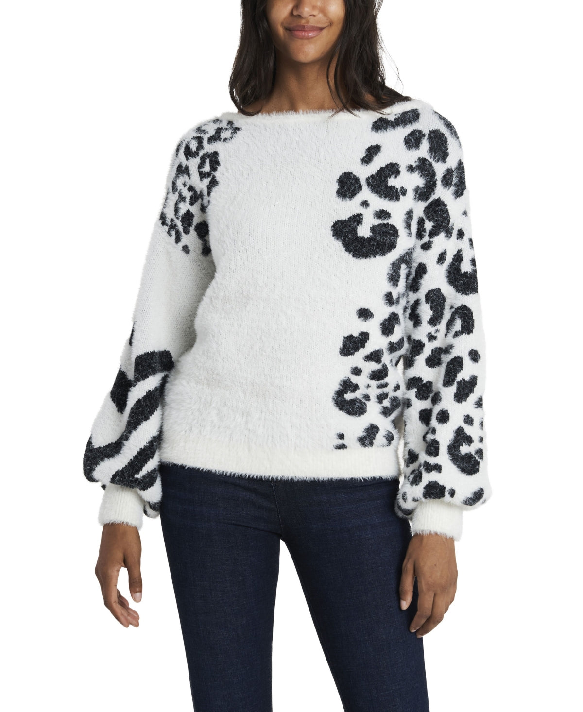 Vince Camuto Women's Animal Print Jacquard Fuzzy Sweater White Size Large