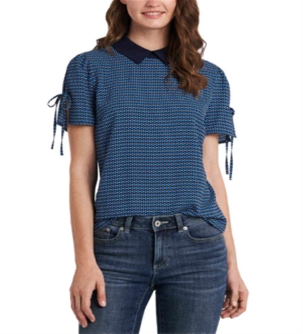 CeCe Women's Geo Collar Blouse Blue Size Medium